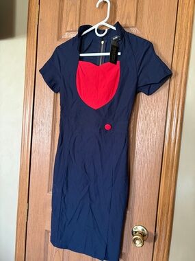 Chic Navy Midi Dress with Red Heart Accent by Olivia Mae